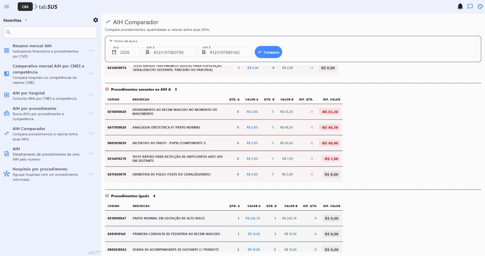 Comparador de AIH com procedimentos exclusivos e comuns