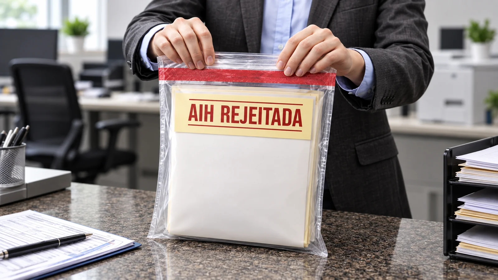 Profissional segurando documentos protegidos com a etiqueta AIH rejeitada
