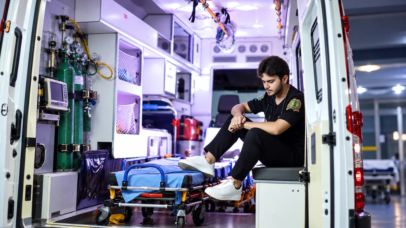 Socorrista sentado em ambulância com leito e equipamentos hospitalares