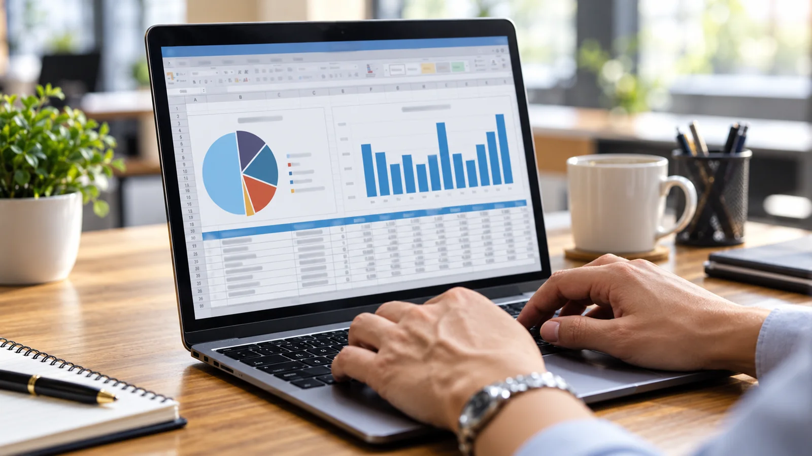 Pessoa analisando gráficos e dados mensais em um notebook