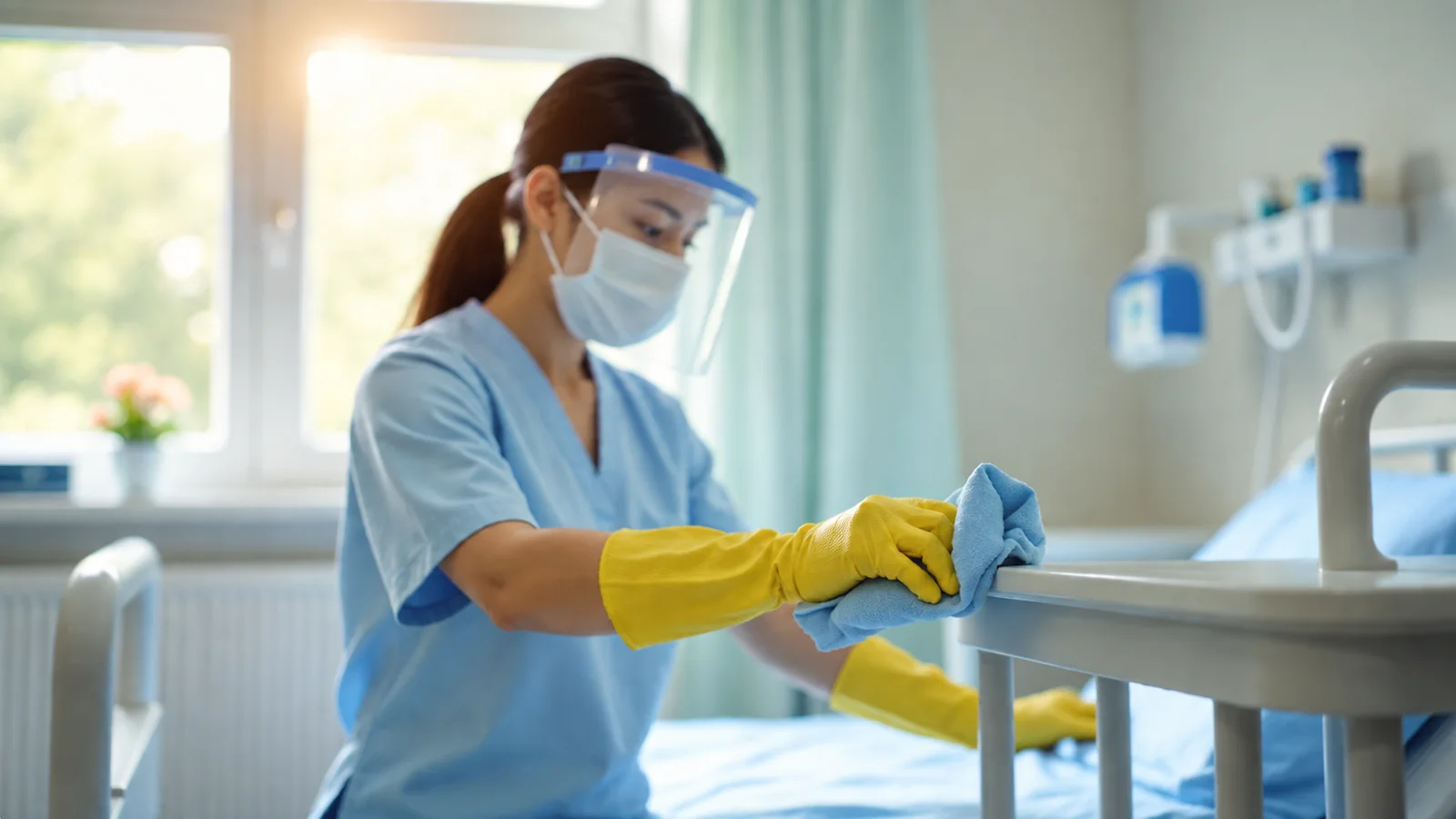 Profissional higienizando um leito hospitalar