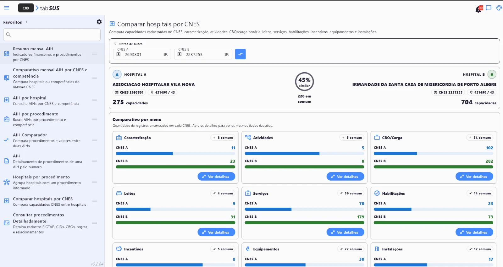 Comparador de CNES com similaridade e totais de capacidades