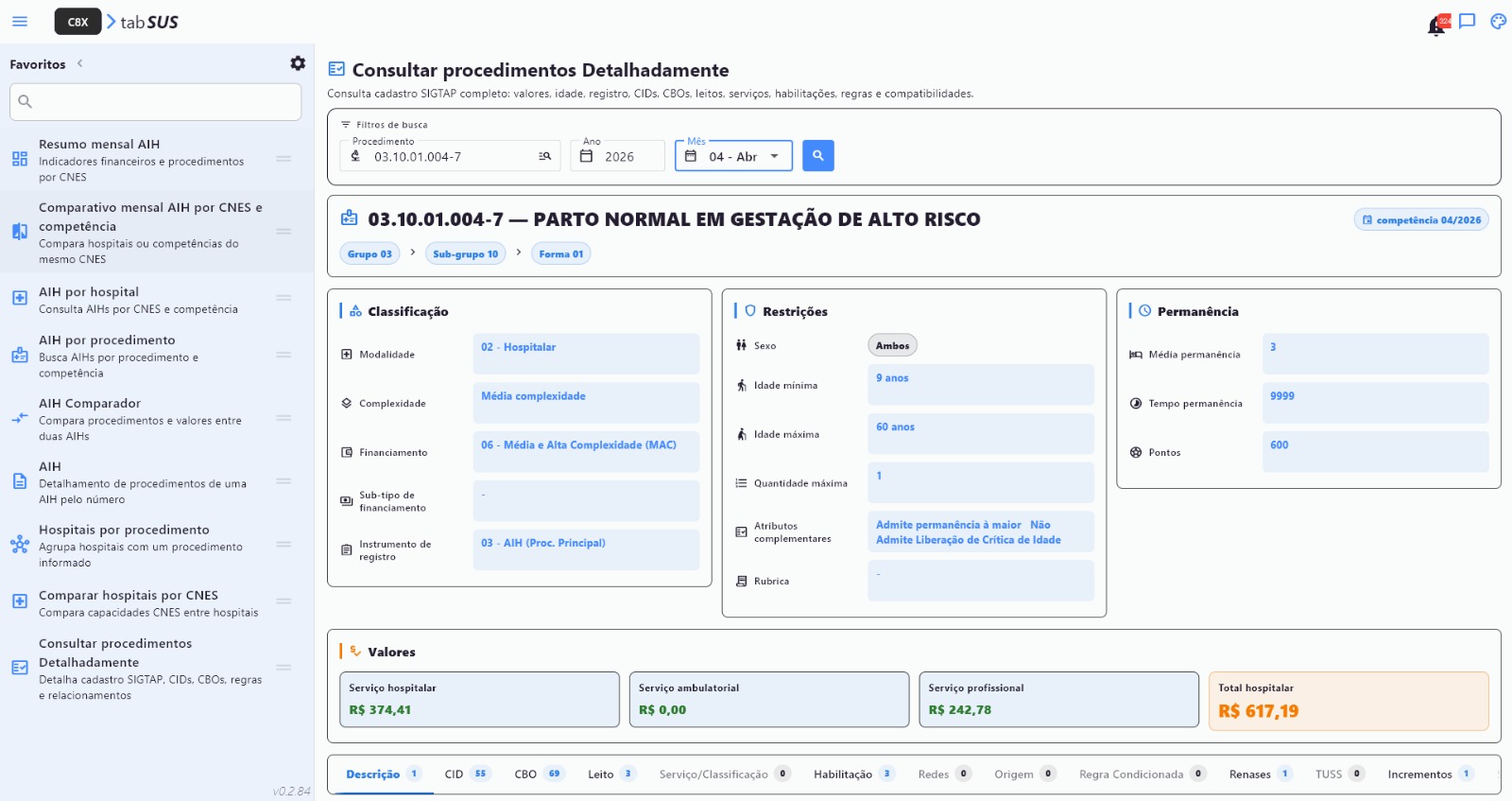 Consultar procedimentos detalhadamente — classificação, restrições, permanência e valores do procedimento